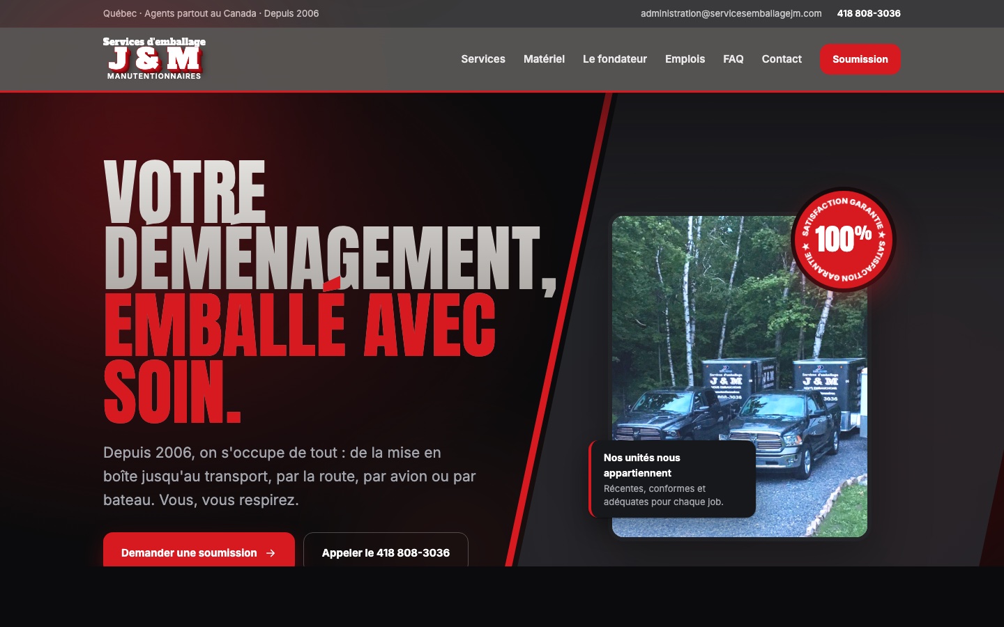 Site web Services d'emballage J&M réalisé par Vision Production, version ordinateur